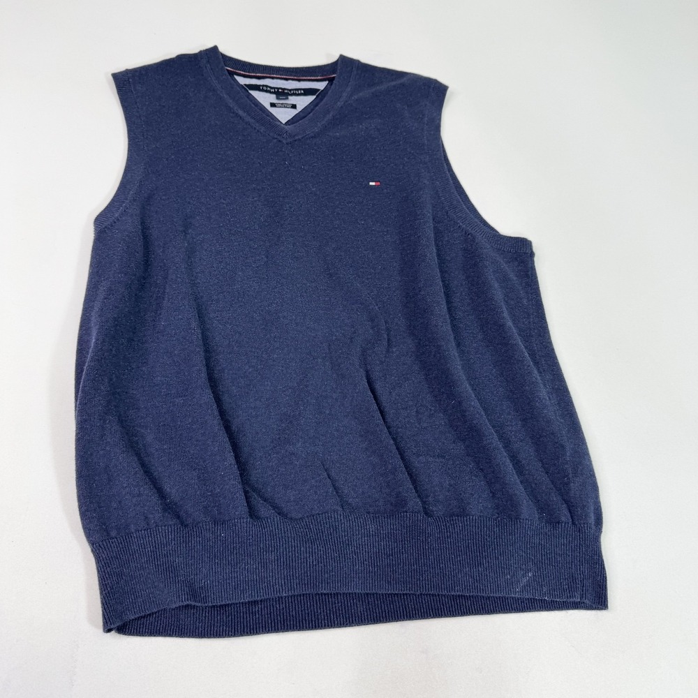 Tommy Hilfiger Sweater‎ Vest Mens Large Navy Blue Pima Cotton V Neck Pullover